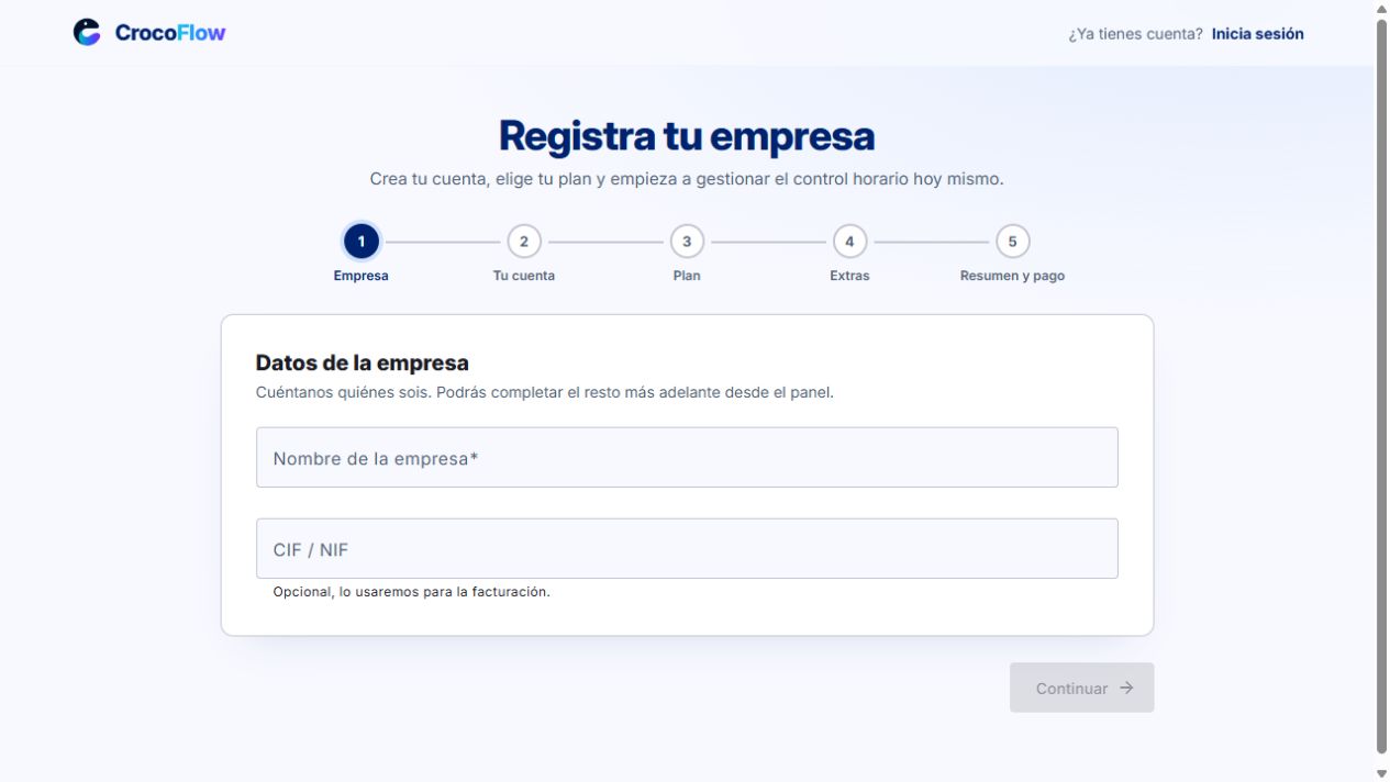 Registro de empresa: campos y siguiente paso