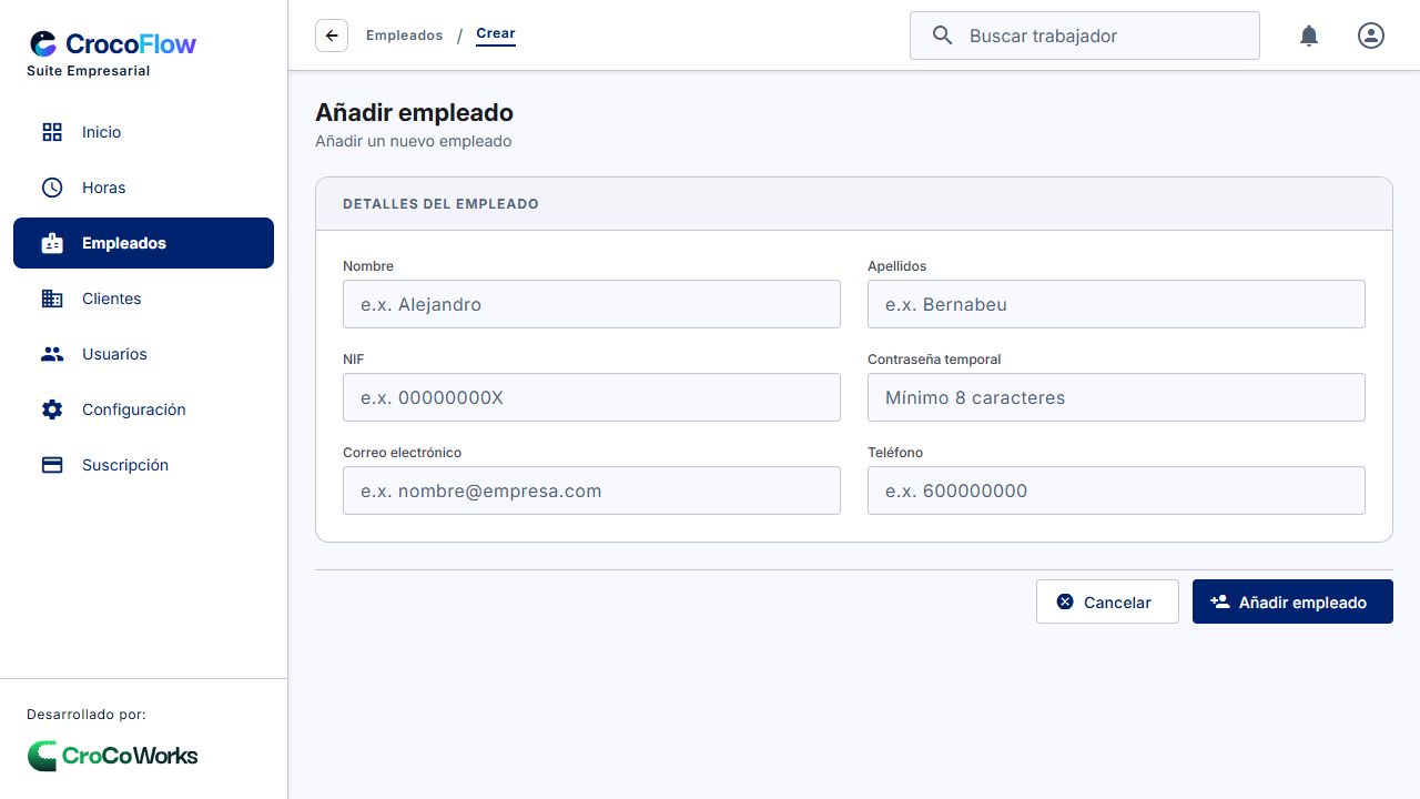 Alta de trabajador: datos y contraseña inicial sin mostrar su valor