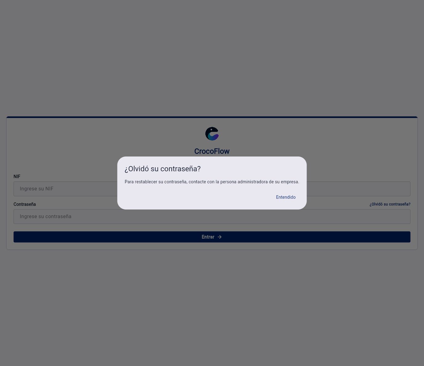 La opción «¿Olvidó su contraseña?» de la app indica contactar con la administración de la empresa.