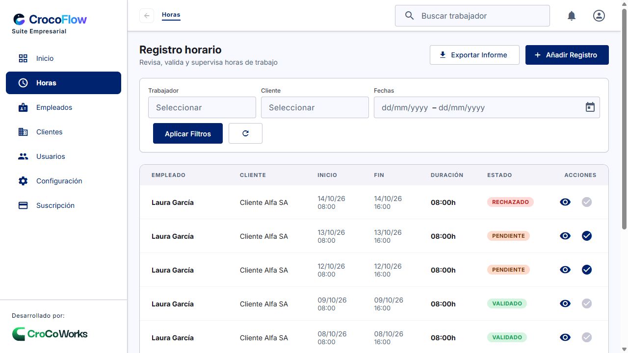 Horas: filtros de trabajador, cliente y fechas