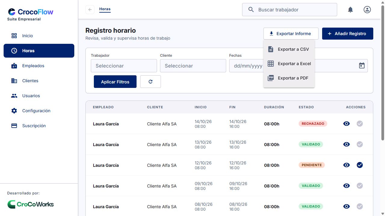 Exportación: periodo, filtros y selector de formato