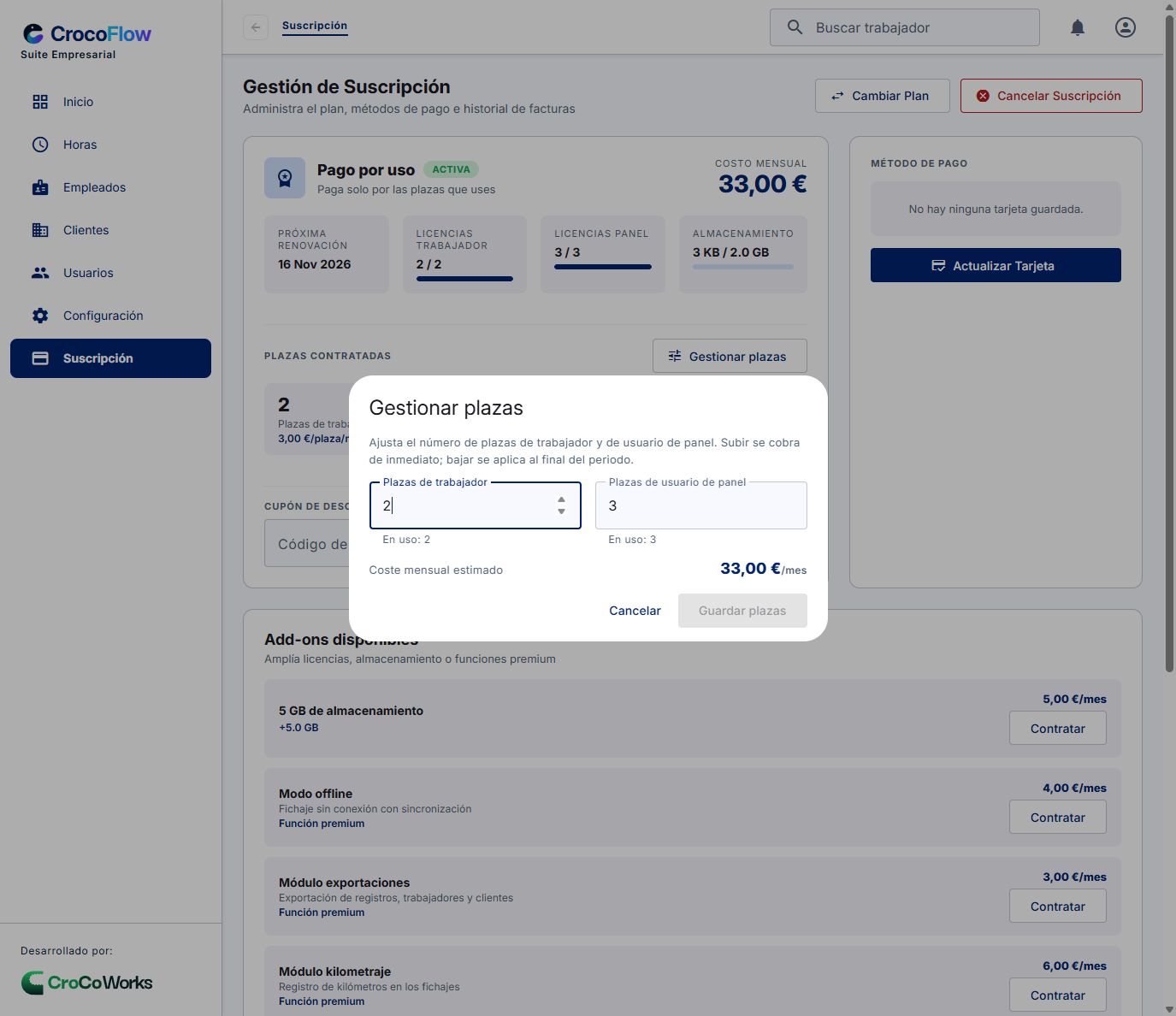 Editor de plazas en una suscripción por unidades de demostración.