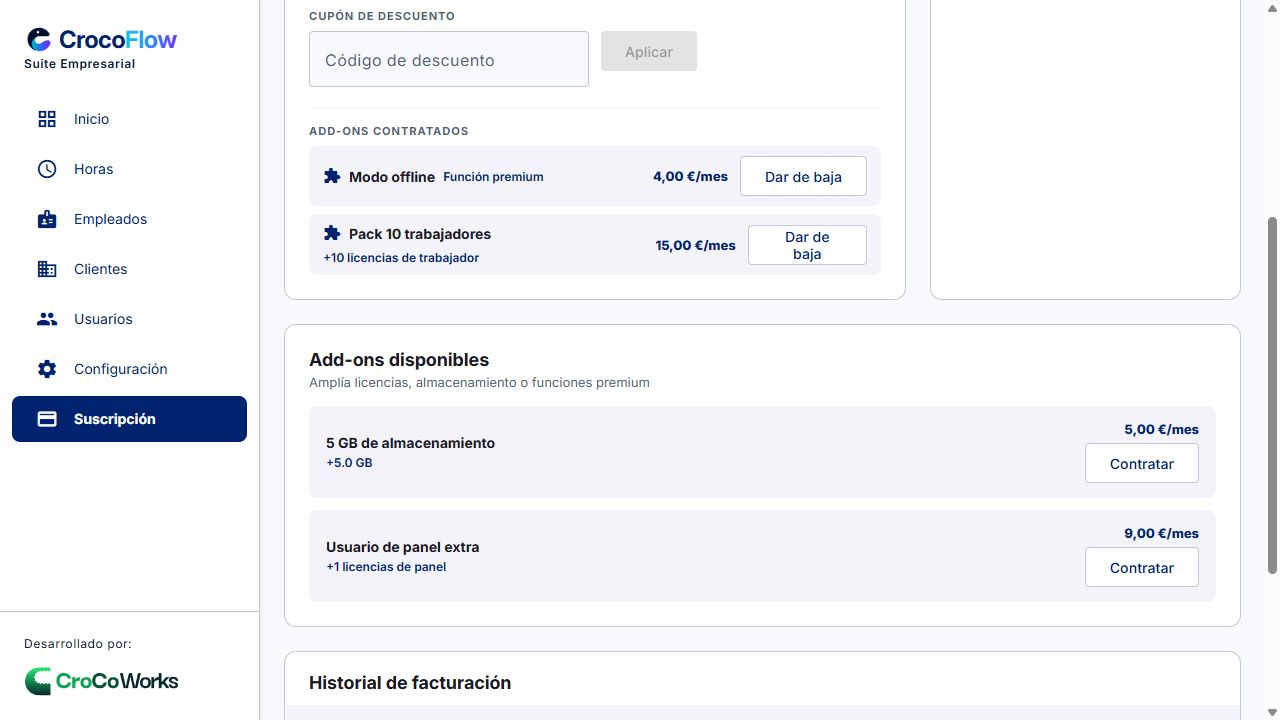 Complementos contratados y disponibles en la empresa de demostración.