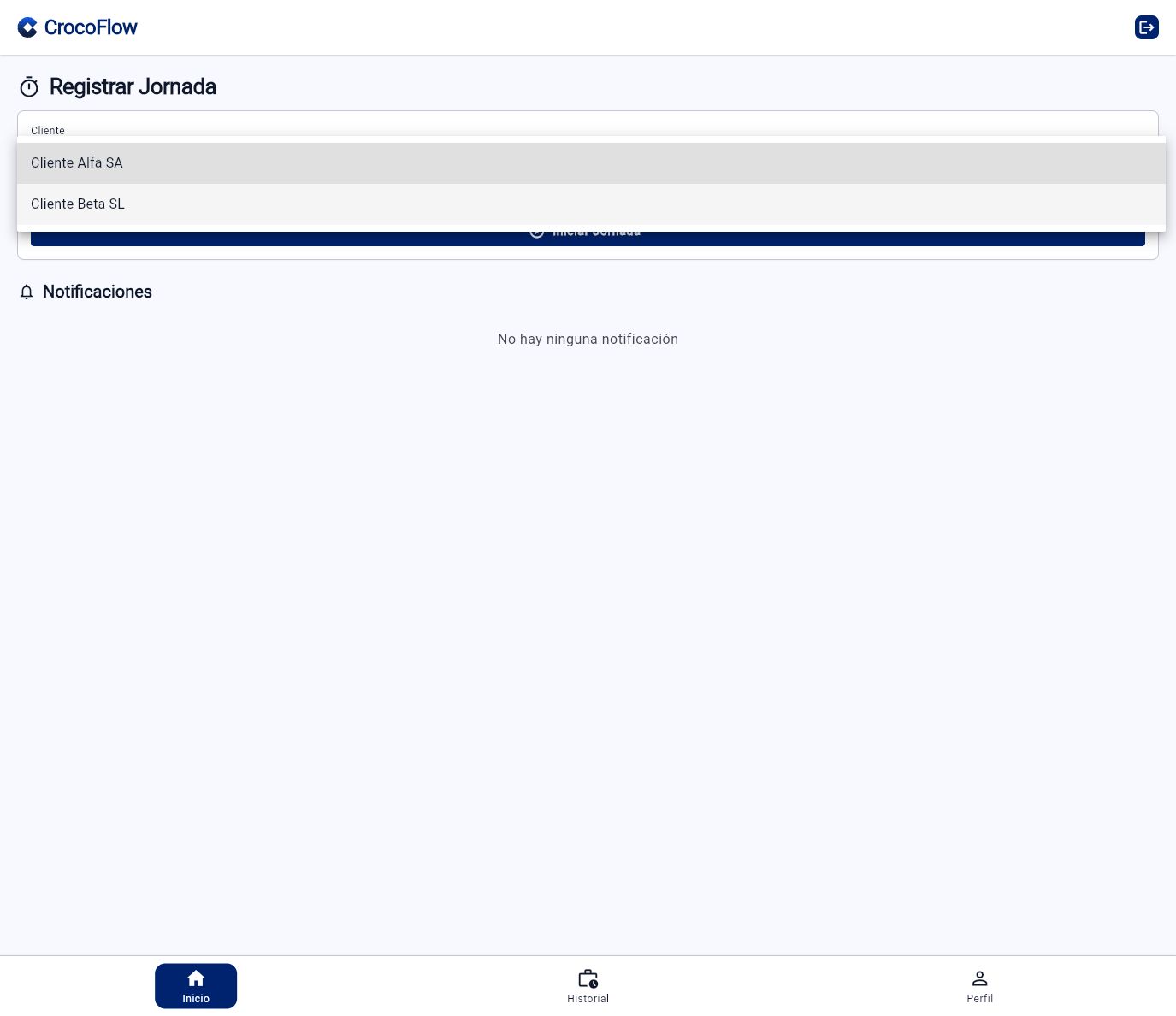 Inicio de la app con un cliente vinculado seleccionado.