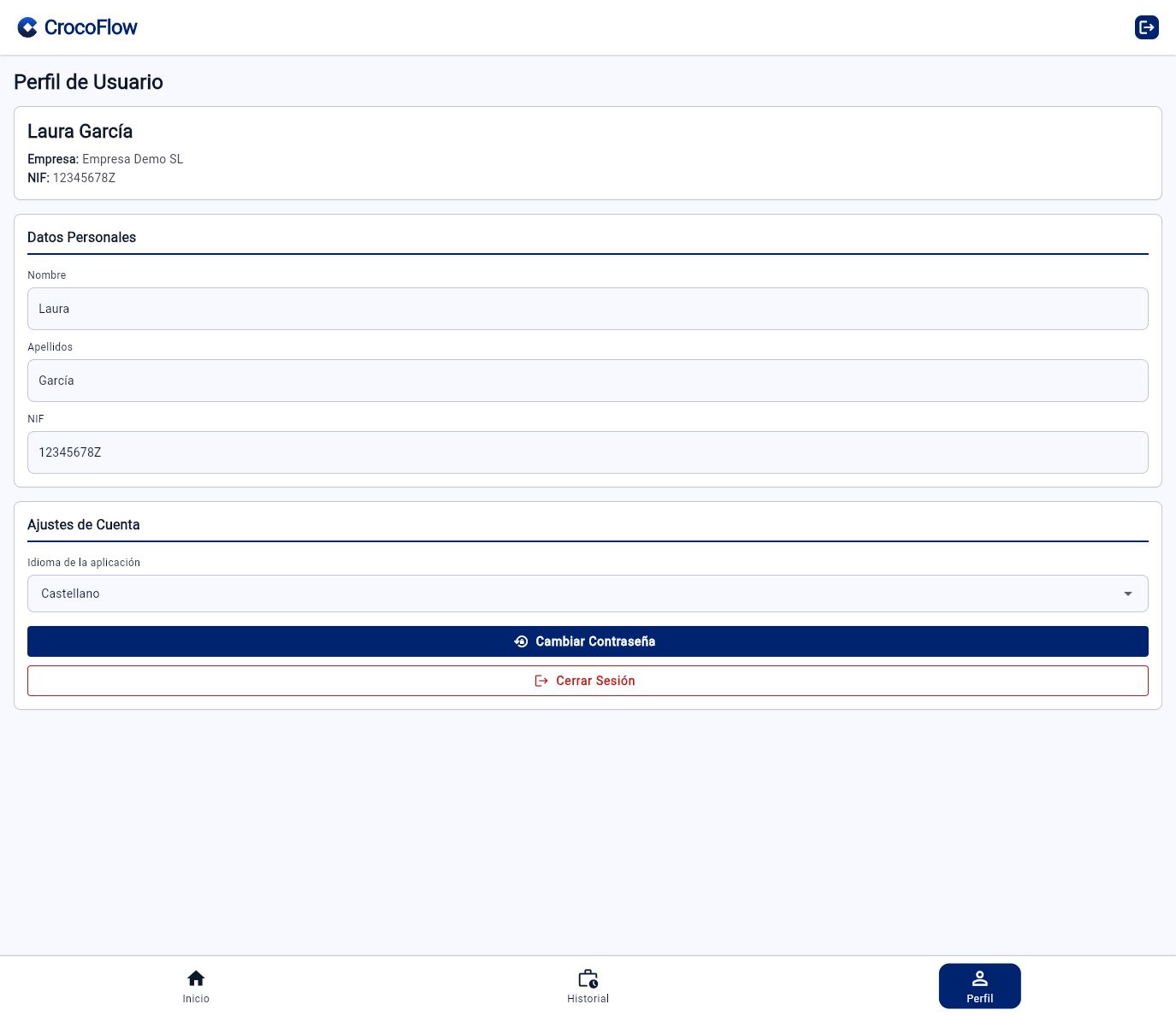Perfil de la app: datos identificativos, idioma y cambio de contraseña.
