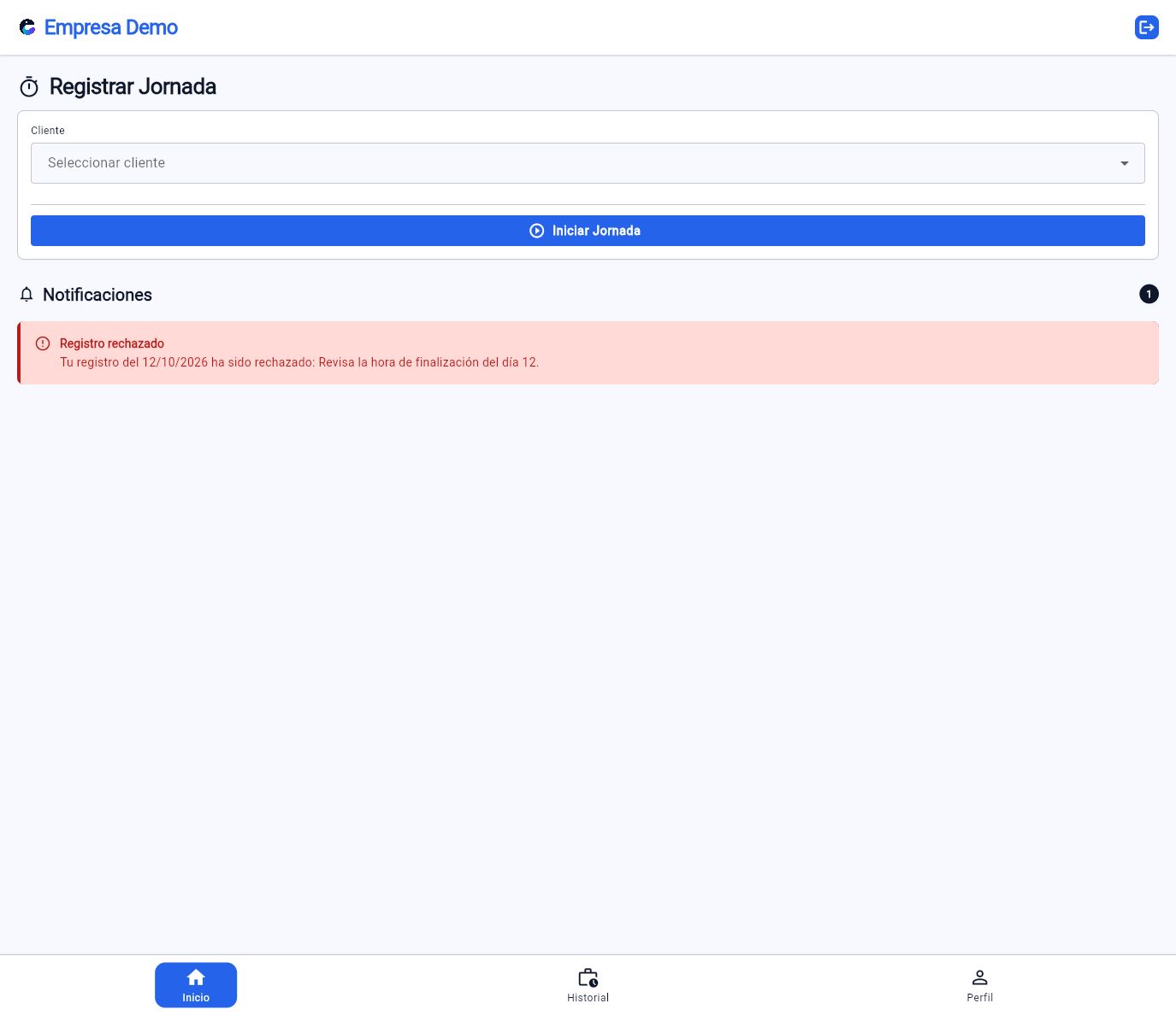Notificación de rechazo con el motivo que debe revisar el trabajador.