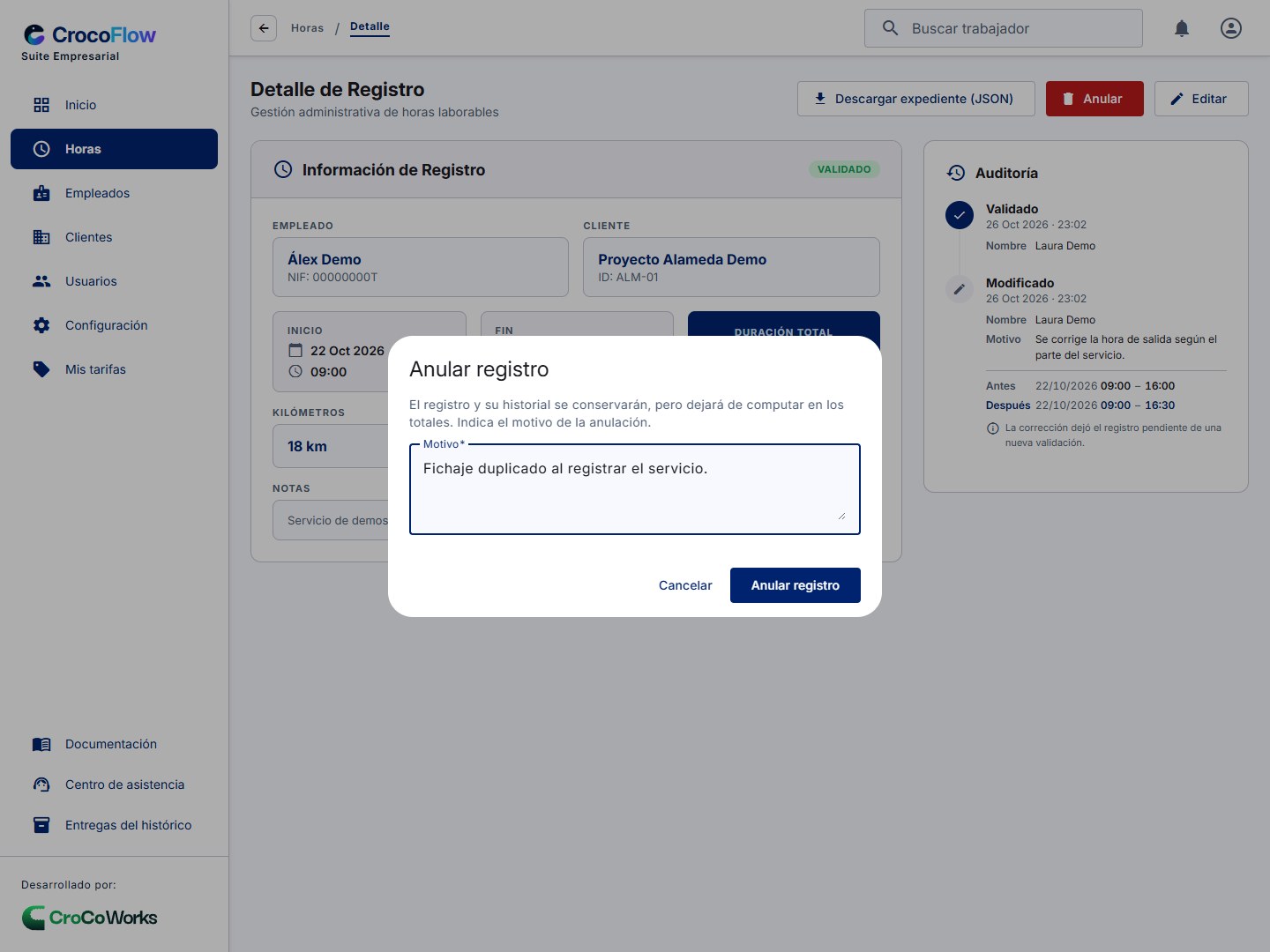 Anular un registro exige indicar el motivo.