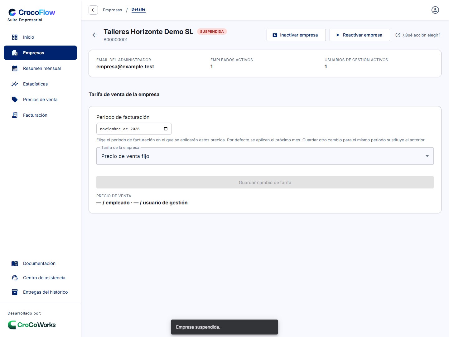 Empresa suspendida con la acción Reactivar disponible.