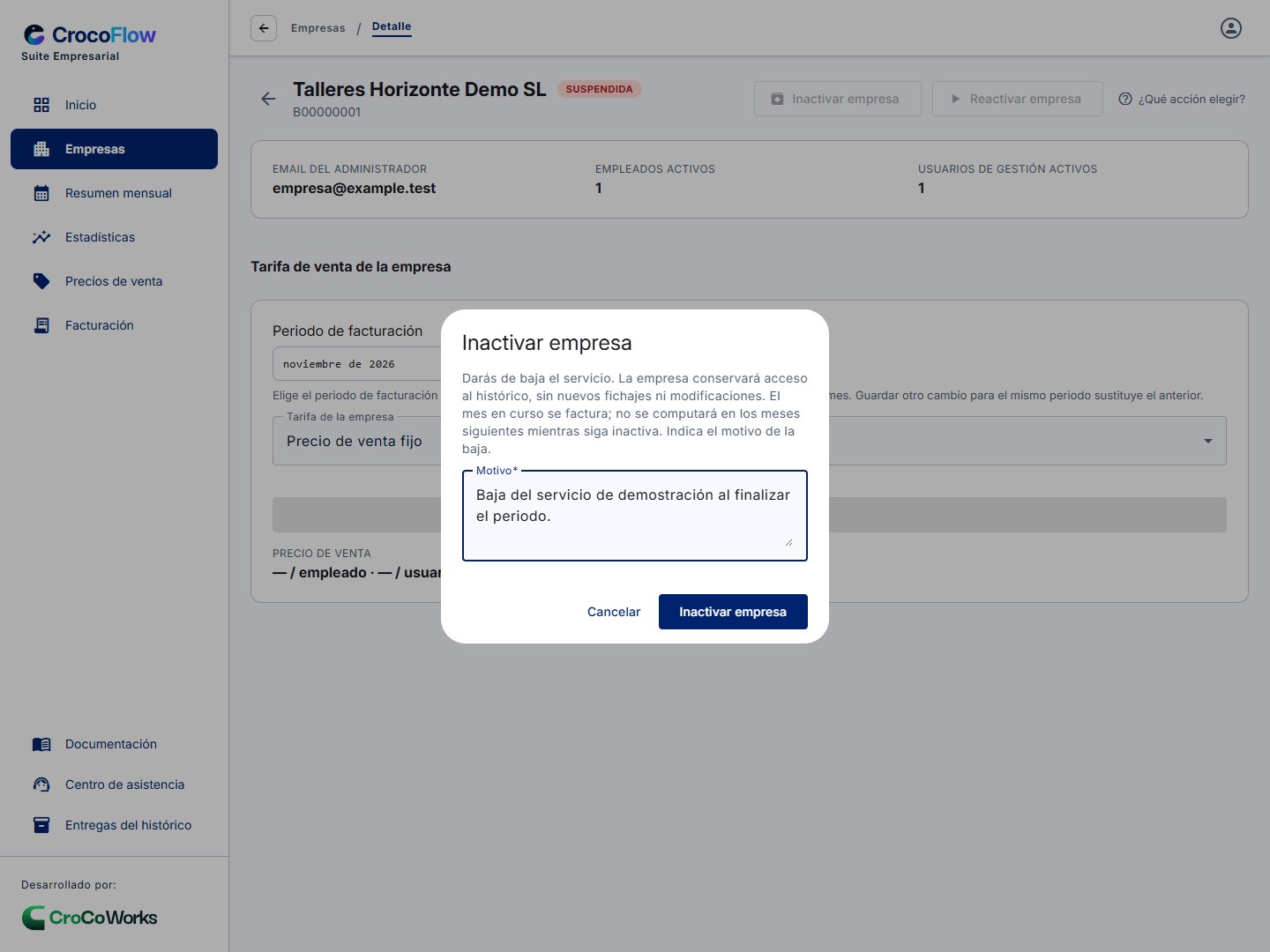 Baja del servicio mediante Inactivar empresa.