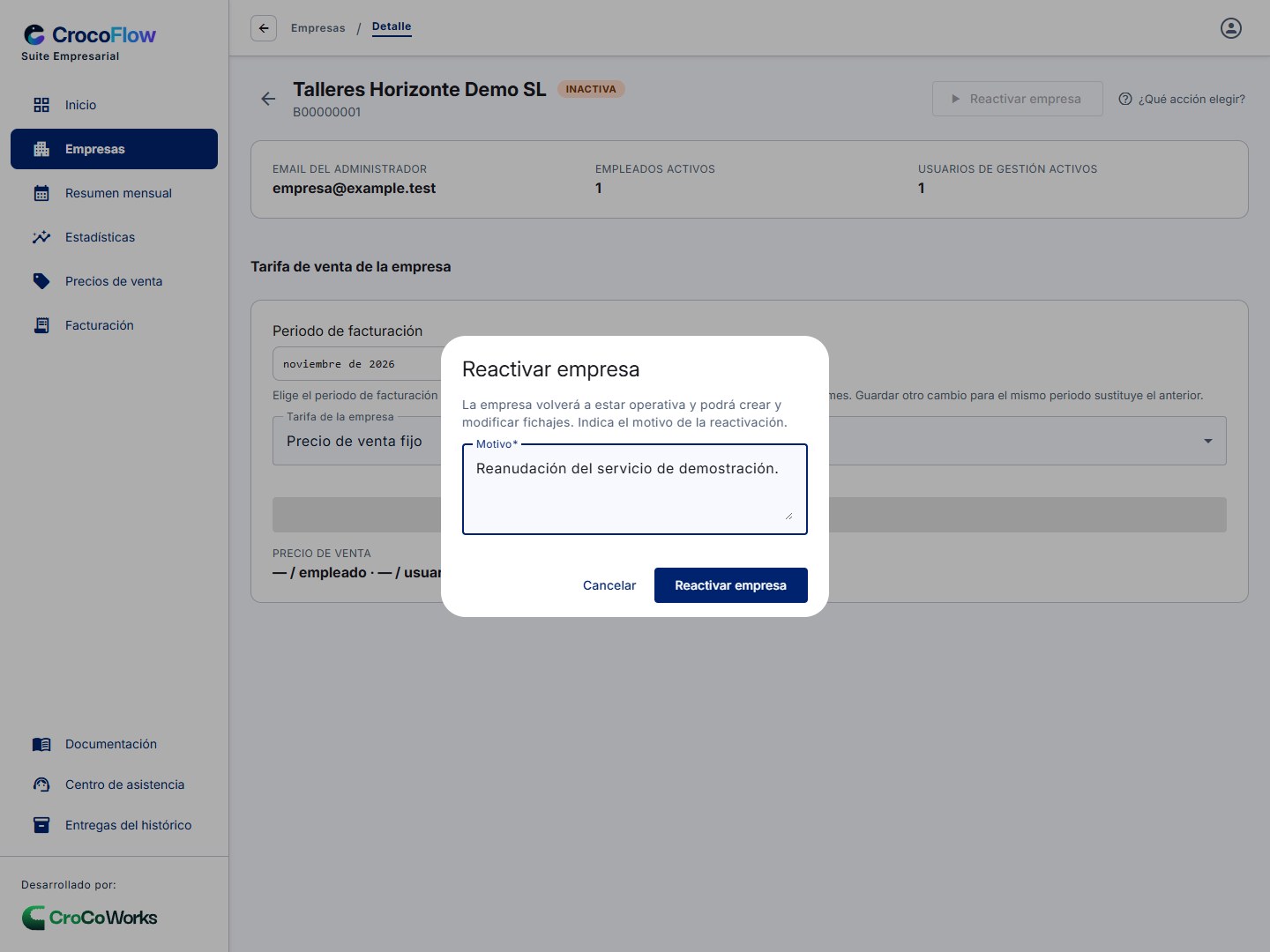 Reactivación de la empresa con motivo para la auditoría.